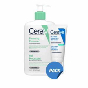 pack nettoyant et hydratant CeraVe pour peaux mixtes à grasses. Nettoie, régule le sébum et hydrate sans briller. Idéal pour une routine complète.